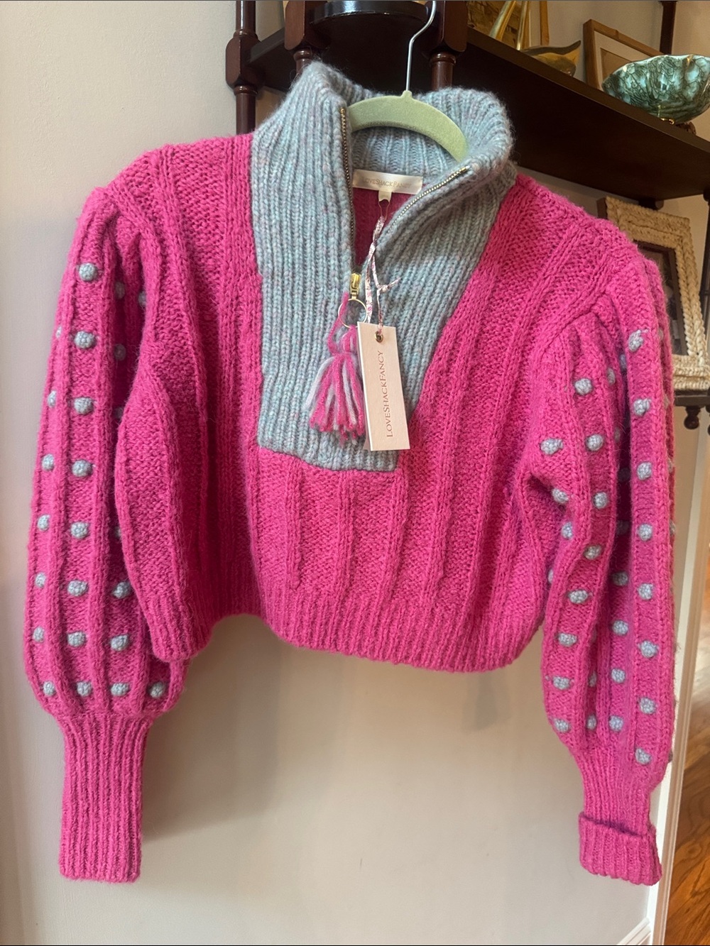 LoveShackFancy Hot Pink Sweater with Light Gray Contrast Turtleneck